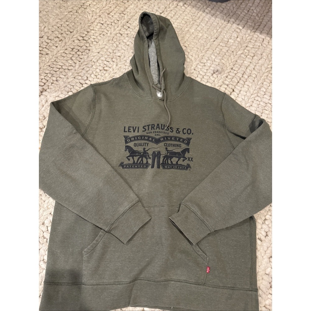 Levi Strauss Fleece Hoodie Men's Olive XXL Pullover Big Two Horses Logo Pocket